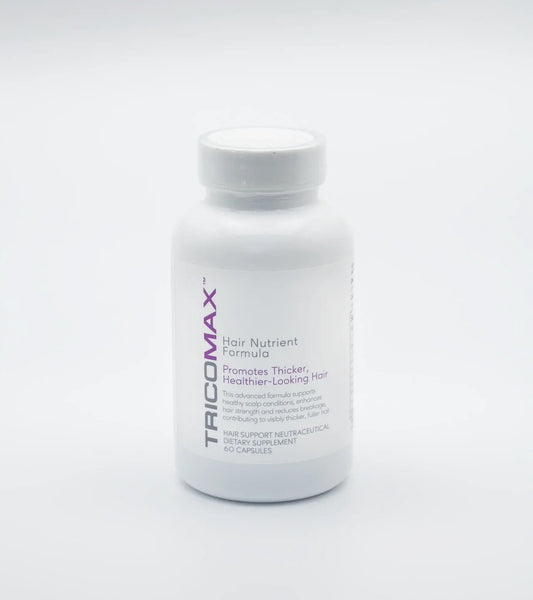 TricoMax Hair Nutrient Formula bottle for thicker, healthier hair growth, dietary supplement with essential vitamins and minerals.