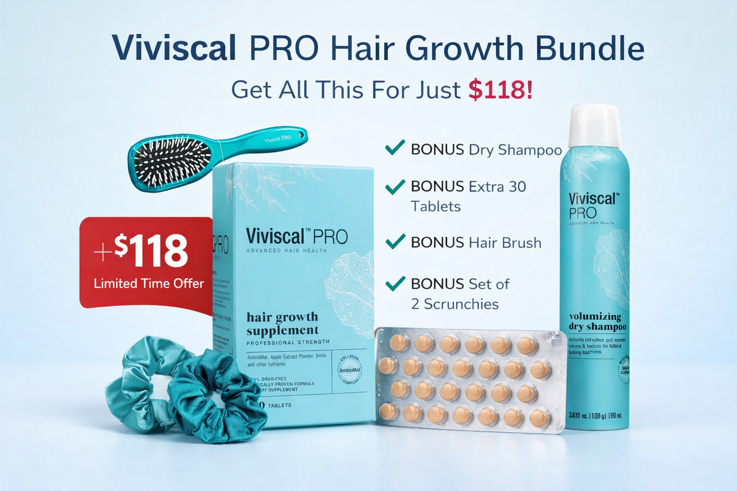 Viviscal PRO Hair Nutrition Formula Bundle - 180 Tablets with Dry Shampoo, Brush & Accessories