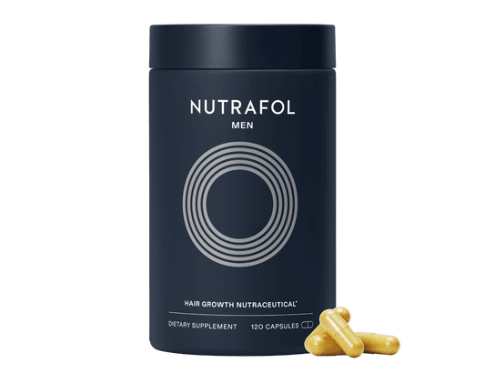Nutrafol for men hair growth supplement, 120 capsules, designed to combat hair thinning and excess shedding.