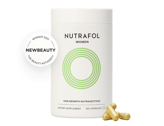 Nutrafol hair growth supplement for women, winner of NewBeauty award, featuring capsules and modern packaging.