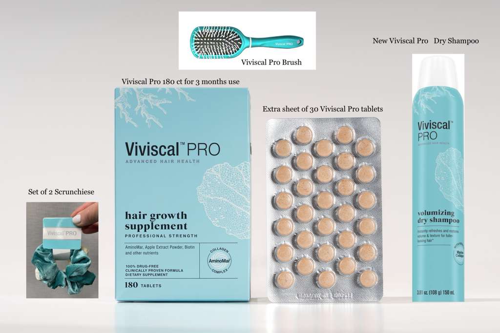 Viviscal PRO Hair Nutrition Formula Bundle - 180 Tablets with Dry Shampoo, Brush & Accessories